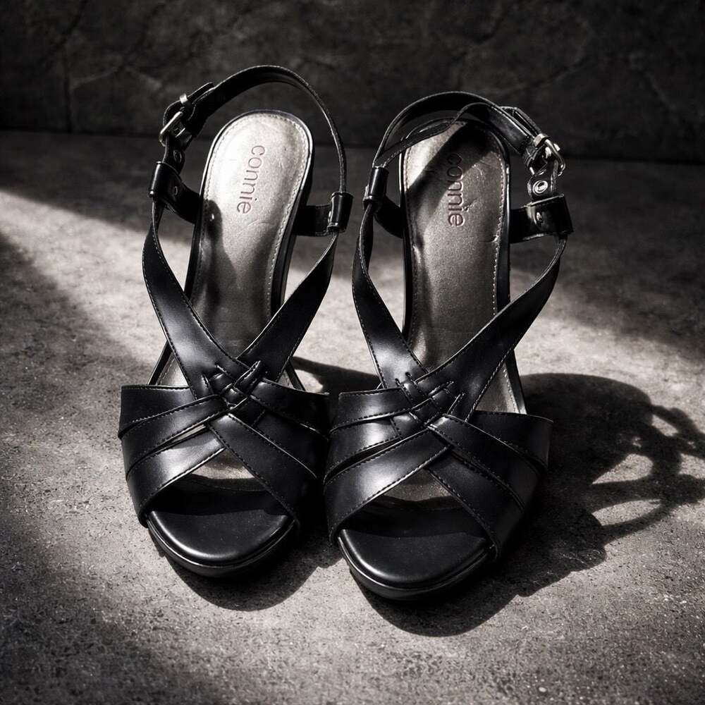Connie Black Strappy Peep Toe Slingback Heels
